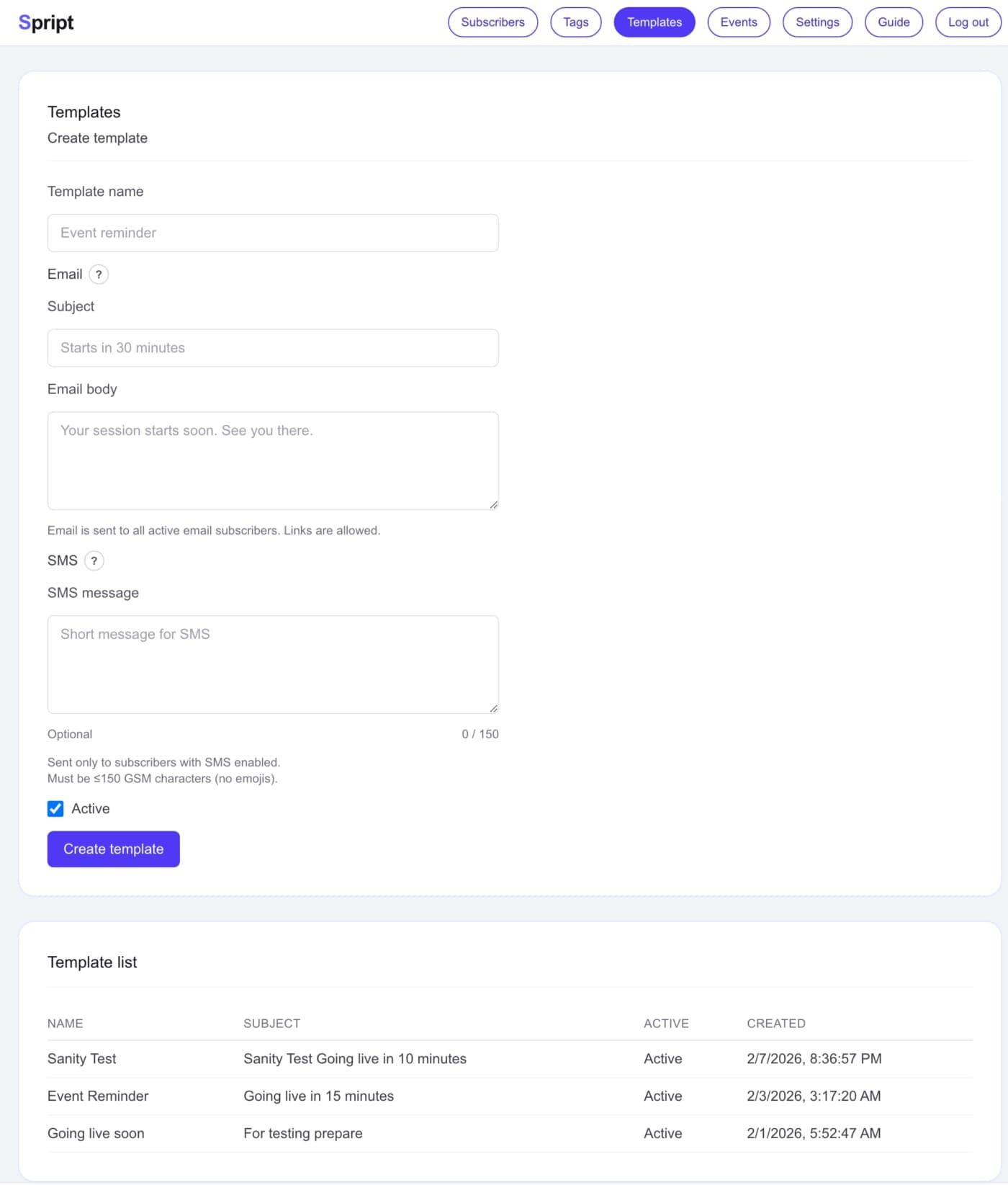 Templates page